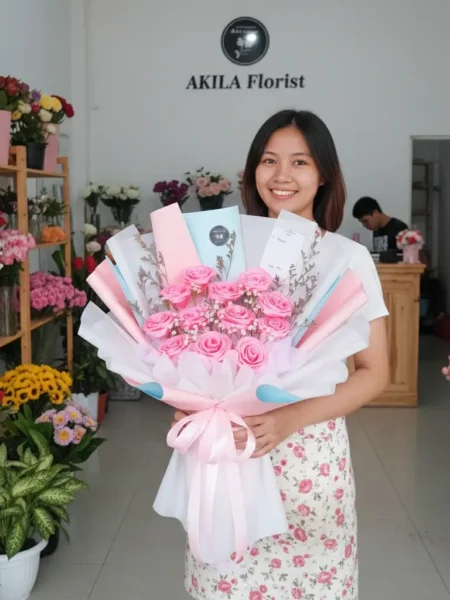 Jual buket bunga satin pink fiori rosa di purwokerto