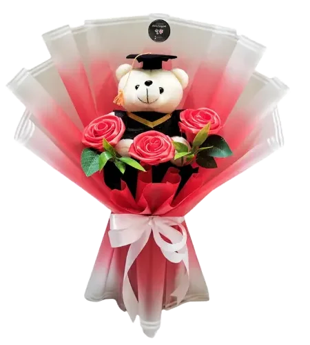 buket boneka wisuda dihiasi bunga satin
