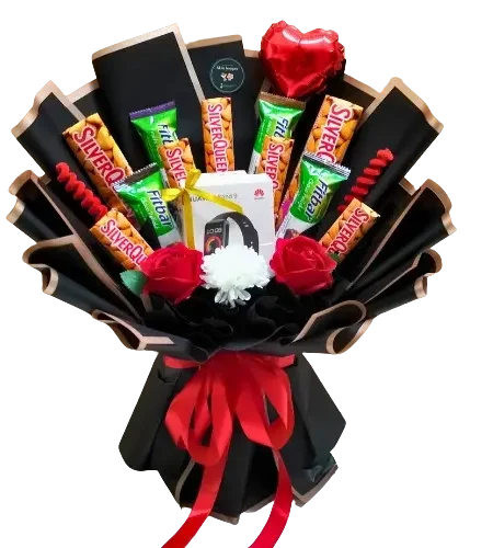 buket bunga anniversary mawar merah dihiasi coklat silverqueen purwokerto