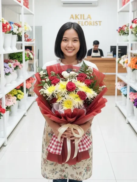 jual buket bunga segar 3 tangkai mawar merah fresh flower untuk kado ultah atau hari jadian kirim Purwokerto sekitarnya