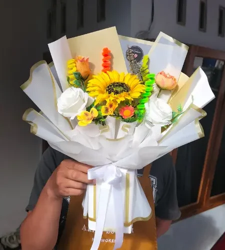 buket bunga matahari wrapping putih ukuran medium