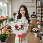 buket bunga mawar merah dihiasi lily pompom baby breath putih purwokerto untuk ulang tahun pacar