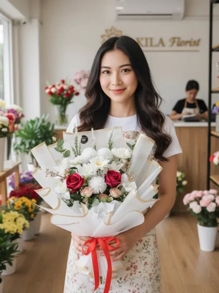 buket bunga mawar merah dihiasi lily pompom baby breath putih purwokerto untuk ulang tahun pacar