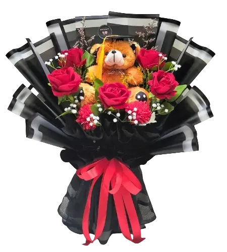 buket bunga mawar merah premium isi 6 tangkai wrapping hitam