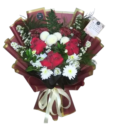 buket bunga mawar merah segar isi 3 tangkai wrapping merah maroon purwokerto