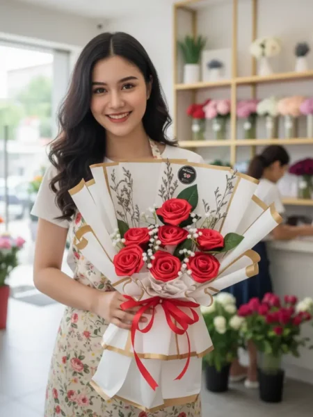 buket bunga satin merah wrapping putih Falling in Love Purwokerto