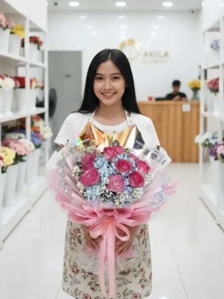 jual buket bunga mawar pink 10 tangkai dan Hydrangea fresh flower untuk acara lamaran di Purwokerto