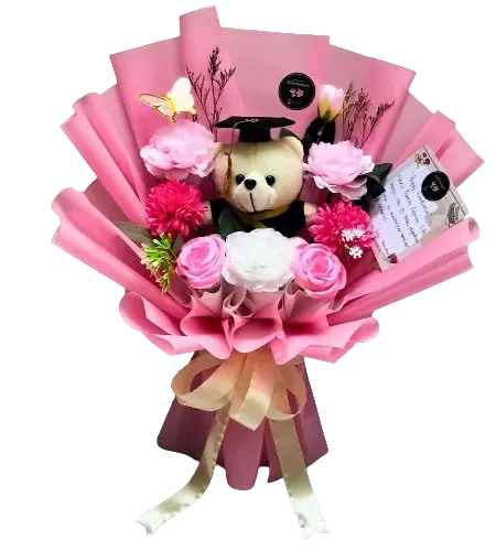 Jual buket boneka wisuda tersedia pilihan warna pink dan biru, bisa request warna lainya, ukuran sedang