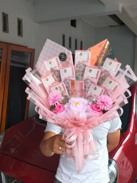 buket uang 100 ribu isi 1 juta wrapping pink untuk hari ibu di purwokerto
