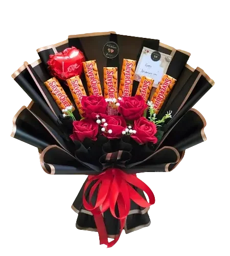 buket valentine coklat silverqueen dihiasi mawar merah artificial premium