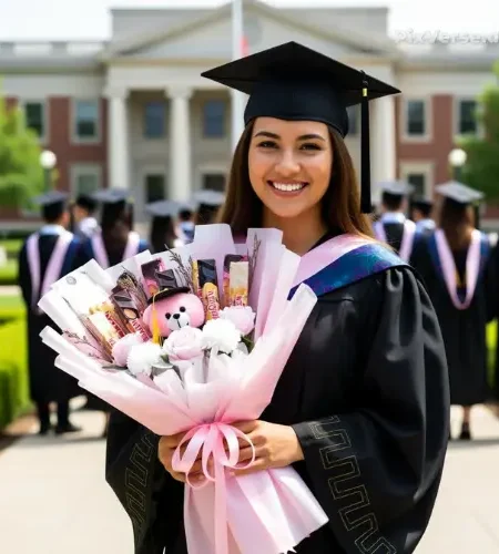 buket wisuda coklat silverqueen chunky bar dihiasi mawar pink