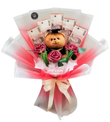 buket wisuda dihiasi uang bunga satin dan boneka wisuda