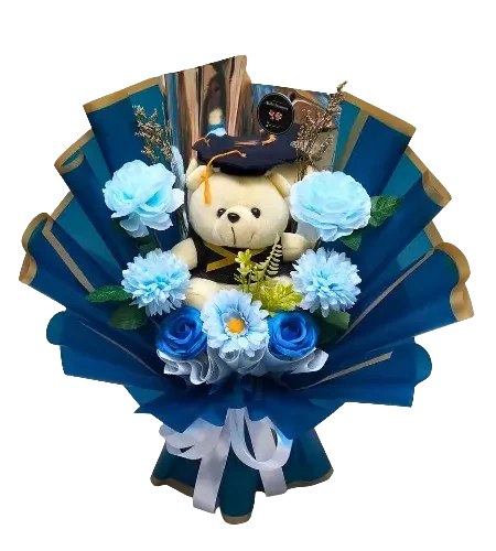 buket wisuda wrapping biru boneka teddy bear purwokerto