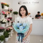 Buket mawar biru Saint Fleur Purwokerto dipegang oleh AKILA Florist dengan wrapping biru putih