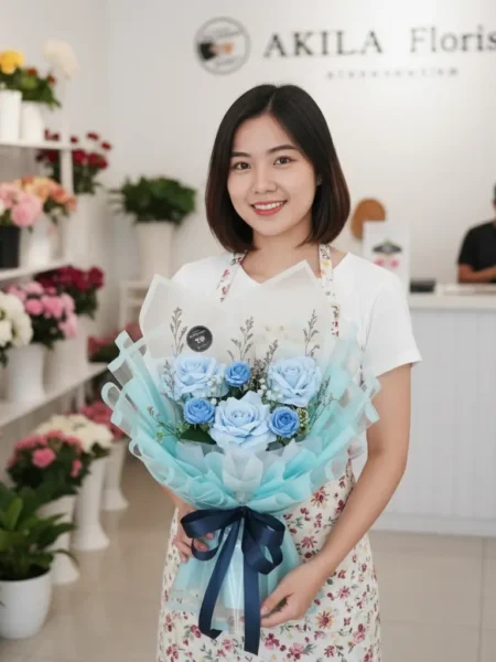 Buket mawar biru Saint Fleur Purwokerto dipegang oleh AKILA Florist dengan wrapping biru putih