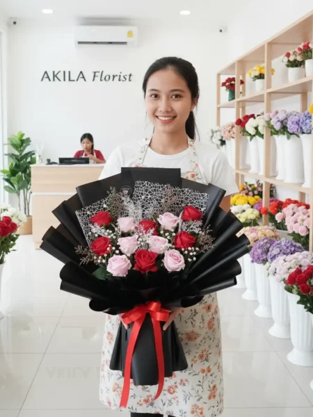 jual buket bunga mawar mix pink dan merah reddish pink untuk momen spesial anniversary dan ulang tahun purwokerto