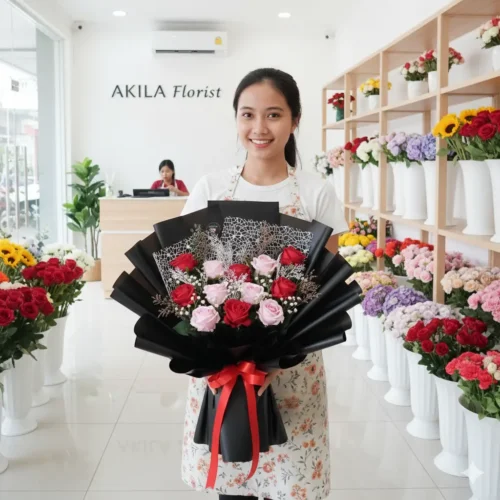 jual buket bunga mawar mix pink dan merah reddish pink untuk momen spesial anniversary dan ulang tahun purwokerto
