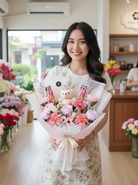jual buket bunga mawar pink dihiasi boneka teddy bear untuk lamaran purwokerto