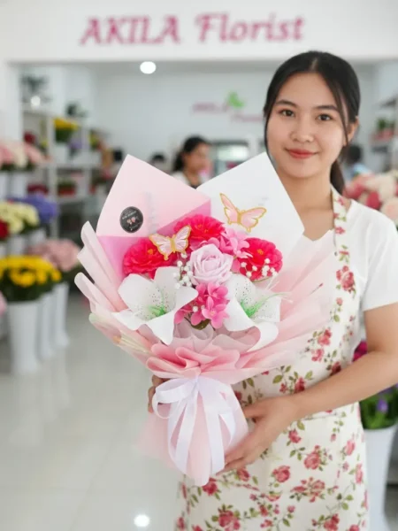 Buket bunga mawar pink dan lily putih Roseira Purwokerto dengan wrapping pink premium