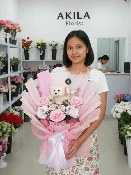 Buket bunga mawar pink Ragazza Purwokerto dengan hiasan boneka teddy bear dan wrapping pink untuk kado wisuda