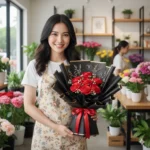 jual buket bunga mawar satin merah wrapping hitam purwokerto
