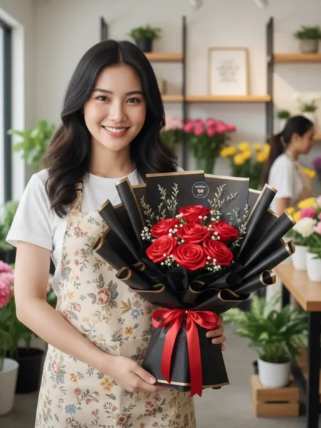 jual buket bunga mawar satin merah wrapping hitam purwokerto