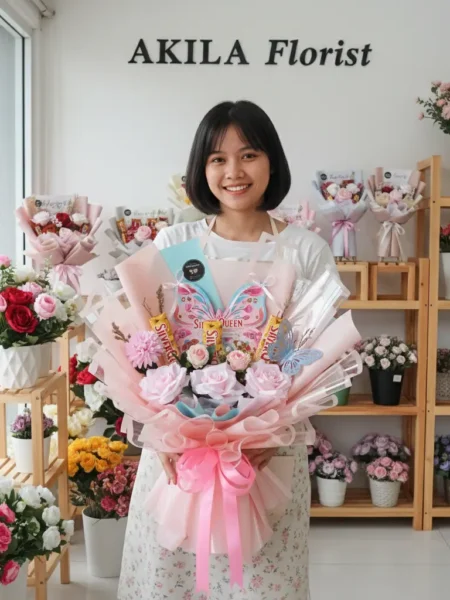 Buket valentine Purwokerto Perfect Match dengan 3 mawar pink dan coklat SilverQueen Butterfly edisi spesial