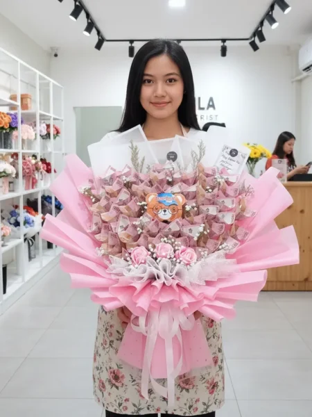 buket Valentine isi uang pecahan 100rb 50 lembar dihiasi mawar pink dan coklat silverqueen cupid kirim area Purwokerto