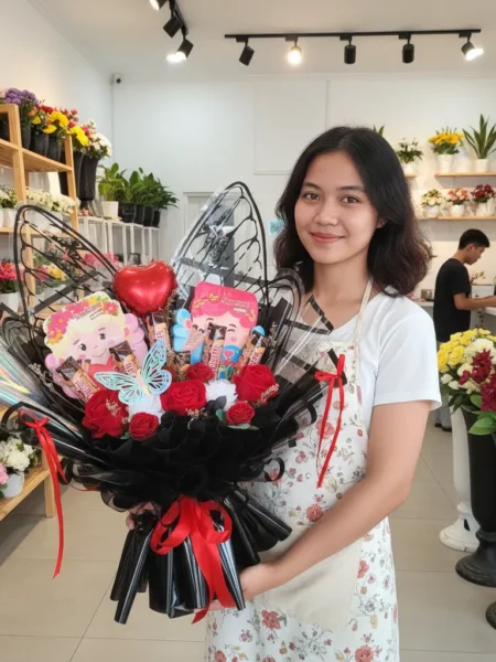 Buket valentine Purwokerto Endless Love model butterfly wrapping hitam dengan coklat SilverQueen Cupid
