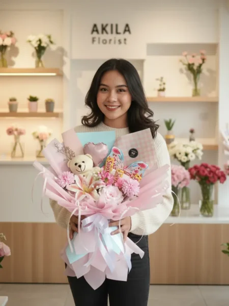 jual buket valentine purwokerto mawar dan lily pink dihiasi silverqueen cupid bisa kirim ke lokasi