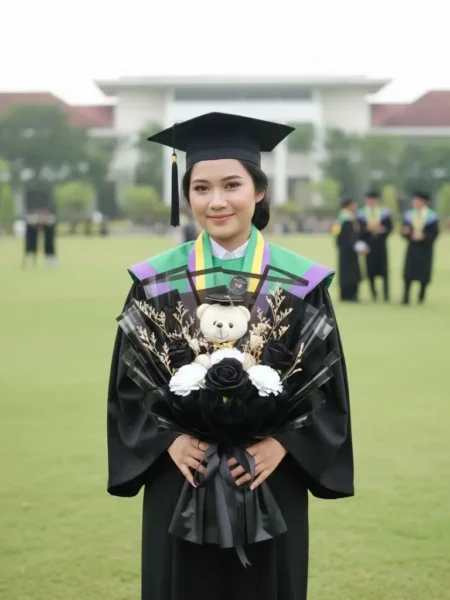 Buket wisuda Purwokerto Bachelor Batman isi 3 tangkai mawar hitam boneka toga putih wrapping hitam