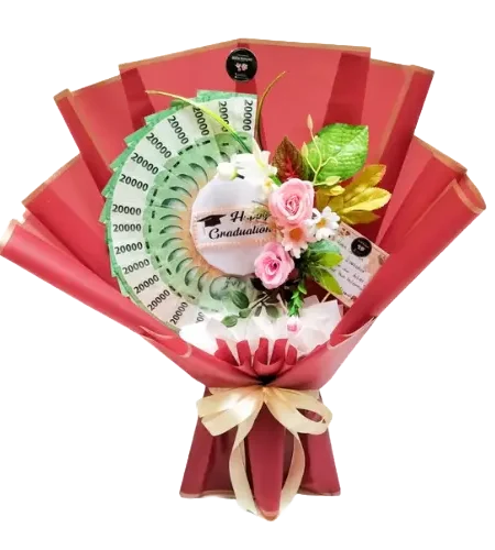 jual buket wisuda uang 20ribu 15 lembar wrapping maroon