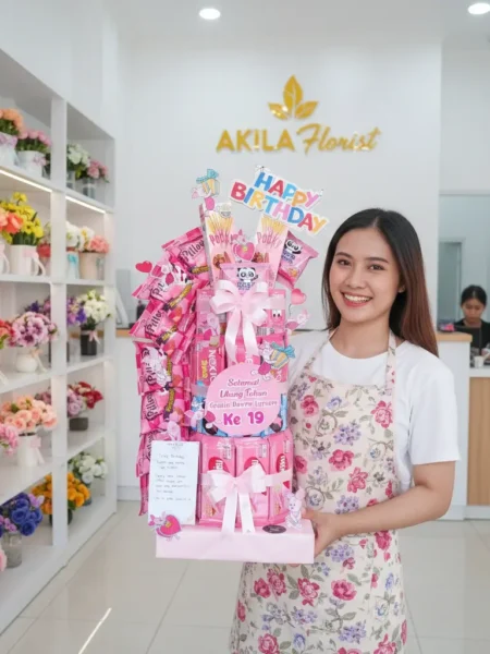 Snack tower Purwokerto tema pink 3 tingkat dengan isian susu Clevo dan aneka wafer Nabati